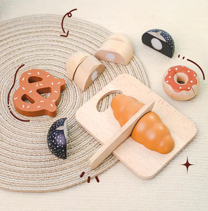 Montessori Wooden Bread Bakery Set 2-5 Years | 5-Piece Food Toys | Kitchen Role Play Kit | Fine Motor Learning | Free EU Ship