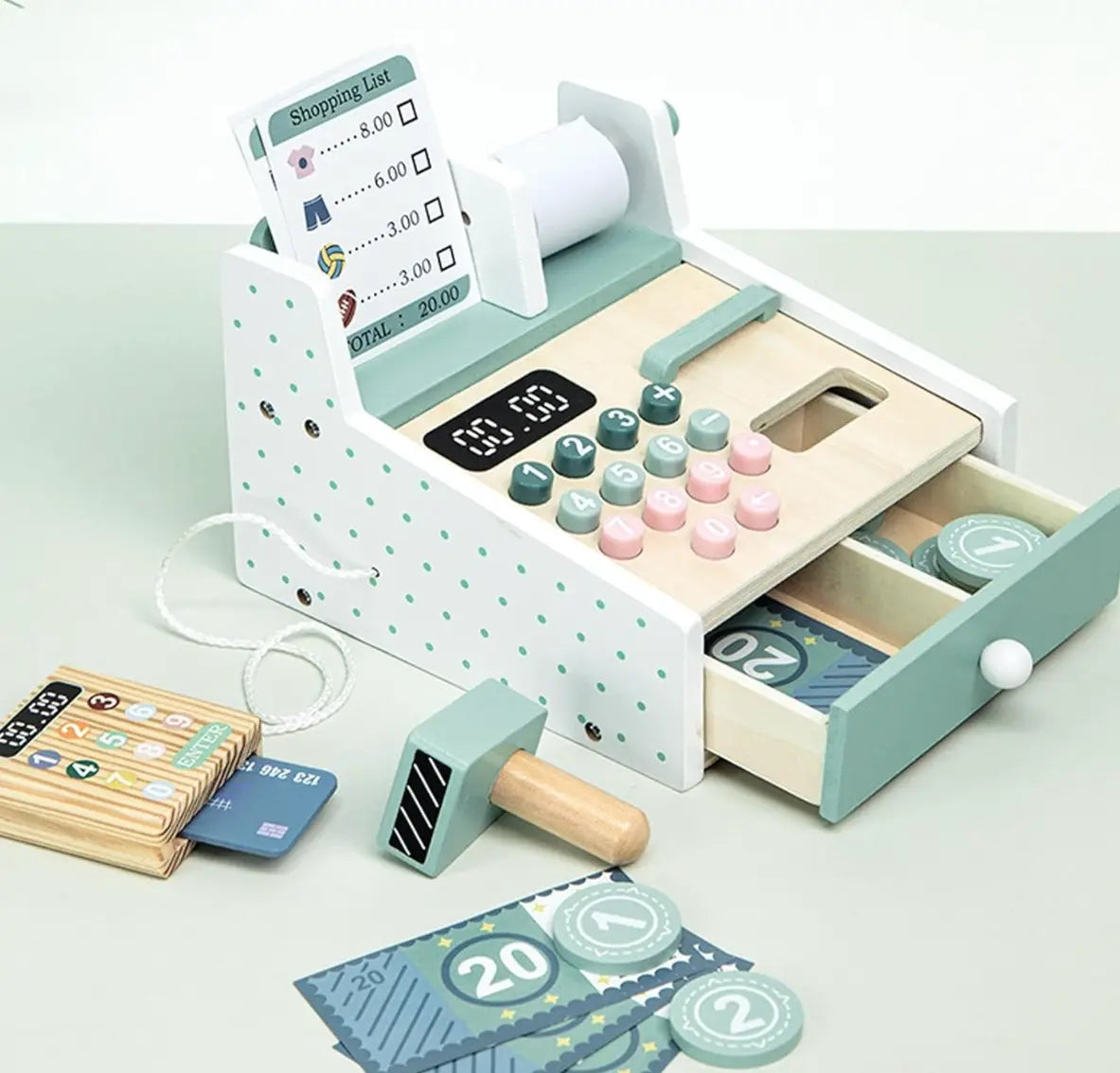 Montessori Wooden Cash Register 3-7 Years | Play Calculator Shopping Toys | Math Role Play Kit | Money Learning | Free EU Ship